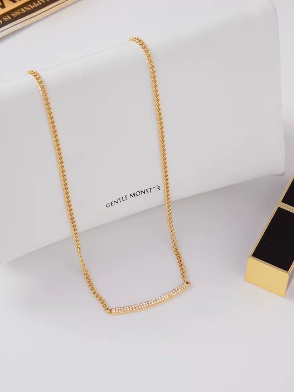CZ Diamond Bar Necklace – 18k Gold Stainless Steel Pendant – Waterpr